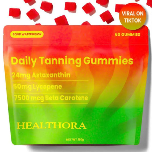 HEALTHORA 60 Natural Tanning Gummies, Astaxanthin 20 mg Lycopene 30 mg Plus Beta-Carotene 330 mcg, Best Astaxanthin Supplement, Promotes Healthy and Radiant Skin, Non-GMO, Sour Watermelon Flavor