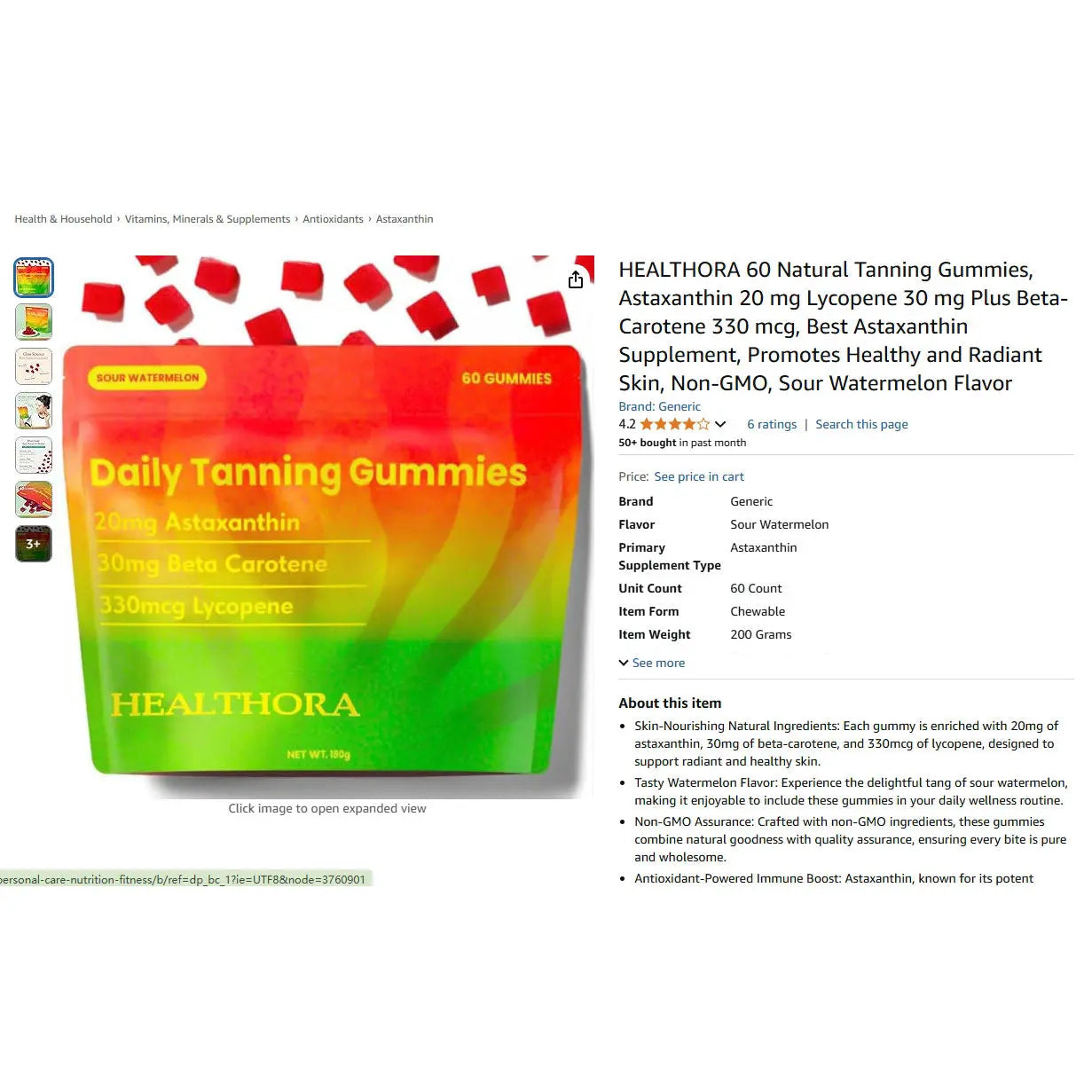 HEALTHORA 60 Natural Tanning Gummies, Astaxanthin 20 mg Lycopene 30 mg Plus Beta-Carotene 330 mcg, Best Astaxanthin Supplement, Promotes Healthy and Radiant Skin, Non-GMO, Sour Watermelon Flavor
