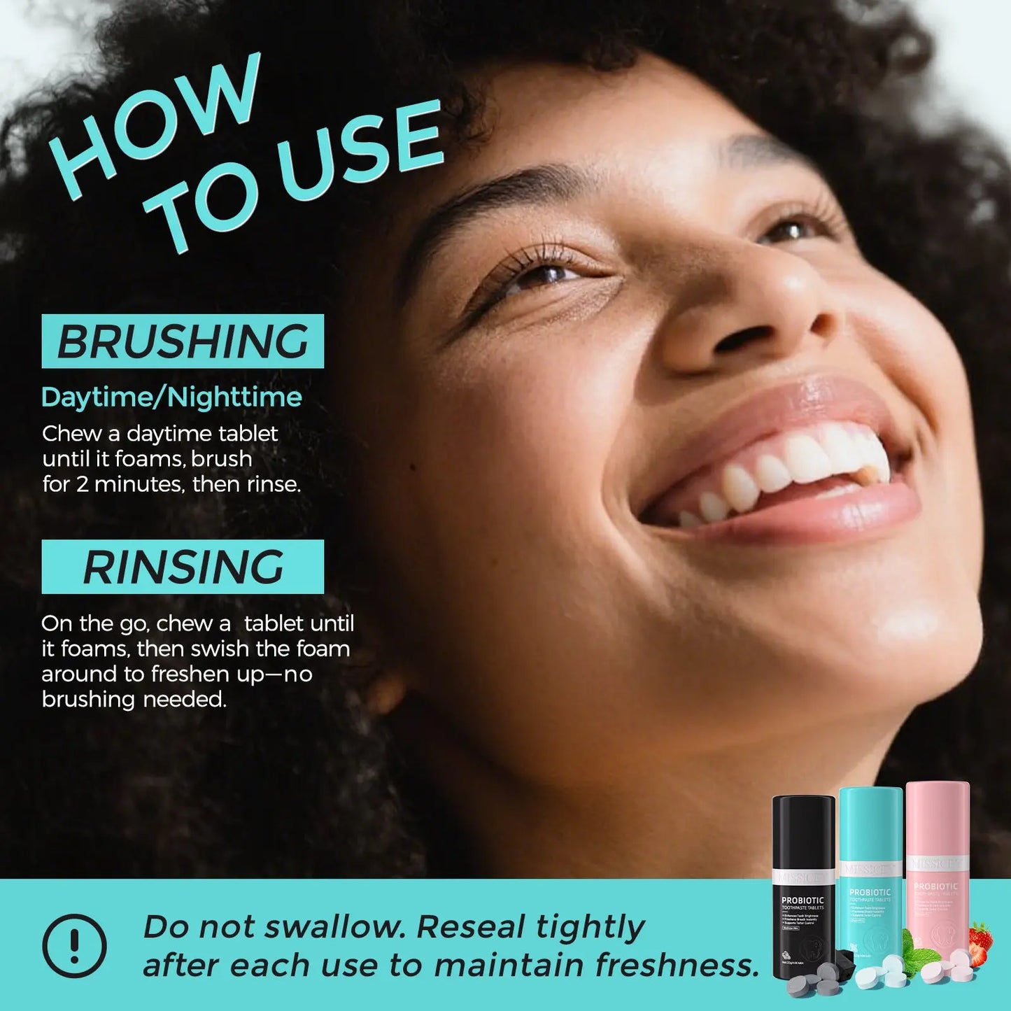 MISSICEY Toothpaste Tablets – Fluoride-Free,   Whitening – Natural, Eco-Friendly Travel Tabs