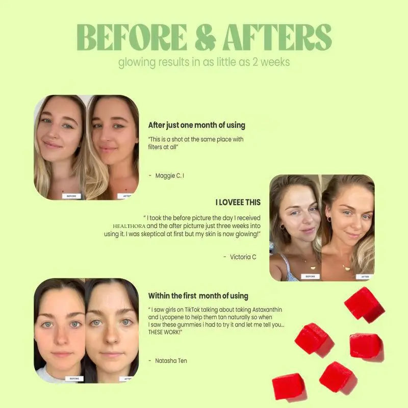 HEALTHORA 60 Natural Tanning Gummies, Astaxanthin 20 mg Lycopene 30 mg Plus Beta-Carotene 330 mcg, Best Astaxanthin Supplement, Promotes Healthy and Radiant Skin, Non-GMO, Sour Watermelon Flavor