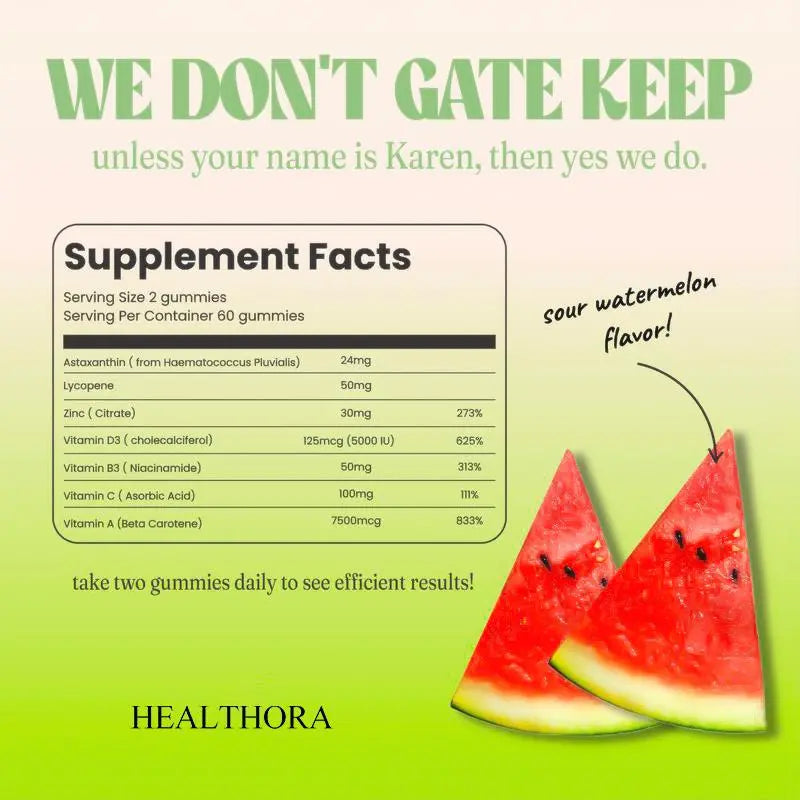 HEALTHORA 60 Natural Tanning Gummies, Astaxanthin 20 mg Lycopene 30 mg Plus Beta-Carotene 330 mcg, Best Astaxanthin Supplement, Promotes Healthy and Radiant Skin, Non-GMO, Sour Watermelon Flavor