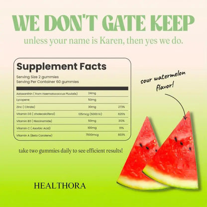 HEALTHORA 60 Natural Tanning Gummies, Astaxanthin 20 mg Lycopene 30 mg Plus Beta-Carotene 330 mcg, Best Astaxanthin Supplement, Promotes Healthy and Radiant Skin, Non-GMO, Sour Watermelon Flavor