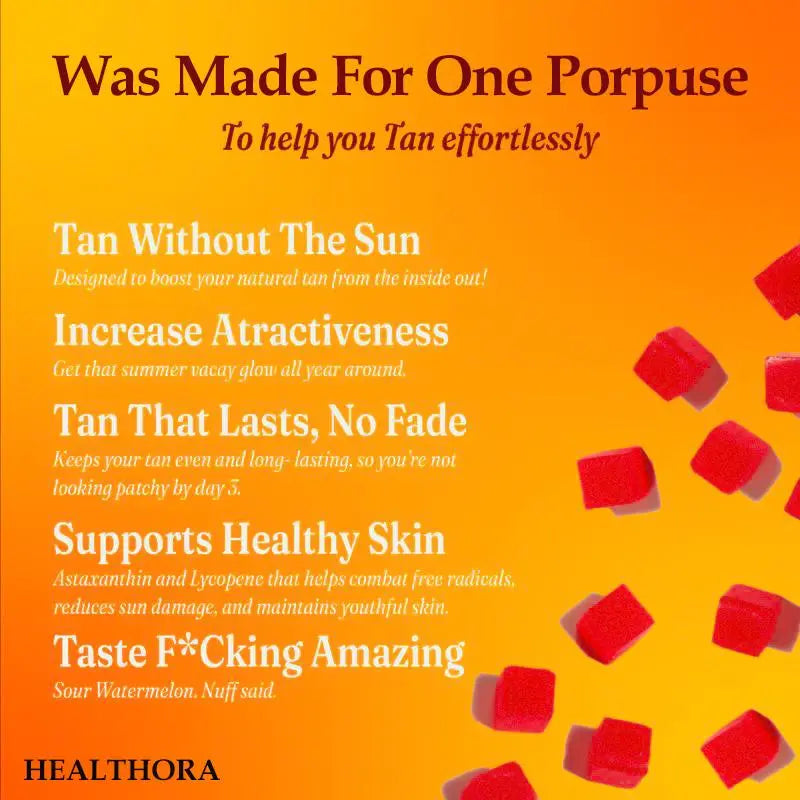 HEALTHORA 60 Natural Tanning Gummies, Astaxanthin 20 mg Lycopene 30 mg Plus Beta-Carotene 330 mcg, Best Astaxanthin Supplement, Promotes Healthy and Radiant Skin, Non-GMO, Sour Watermelon Flavor