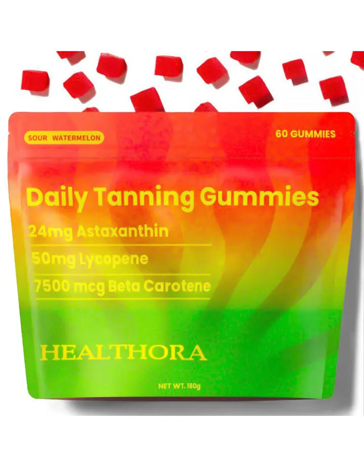 HEALTHORA 60 Natural Tanning Gummies, Astaxanthin 20 mg Lycopene 30 mg Plus Beta-Carotene 330 mcg, Best Astaxanthin Supplement, Promotes Healthy and Radiant Skin, Non-GMO, Sour Watermelon Flavor